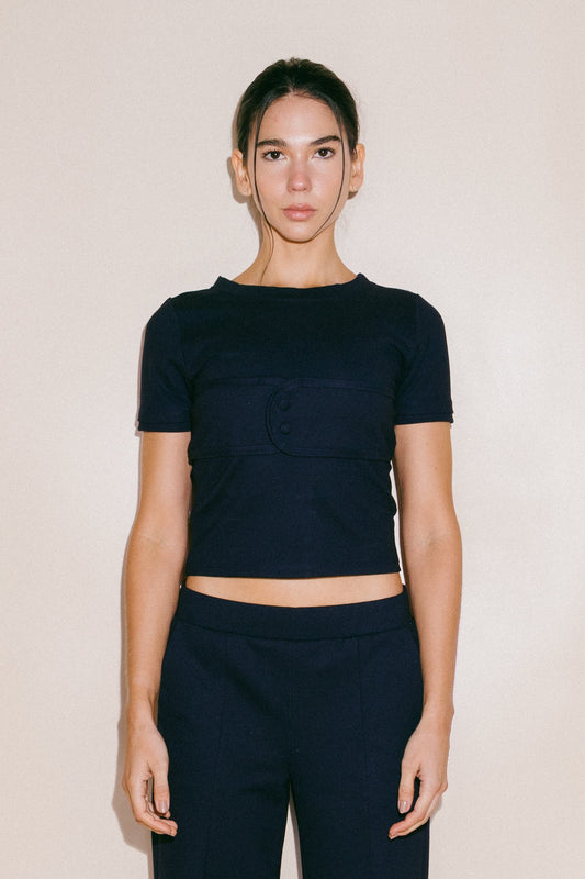 Lined Top – T-shirt Slim Fit Azul Petróleo Con Sesgos Dobles y Top Sobrepuesto Con Broches