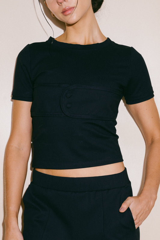 Lined Top – T-shirt Slim Fit Azul Petróleo Con Sesgos Dobles y Top Sobrepuesto Con Broches